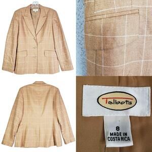 Talbots Blazer Jacket Linen Silk ? Women’s Size 8 Tan Window Plaid Professor